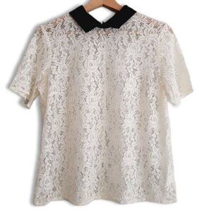 ACAPELLA Floral Lace See-Through Short Sleeve Stretch Blouse Top White Sz M